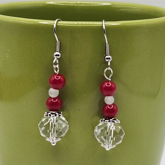 Handmade Earrings with Crystal, Red Coral, and Moonstone – 2" Dangle - Picture 6 of 10